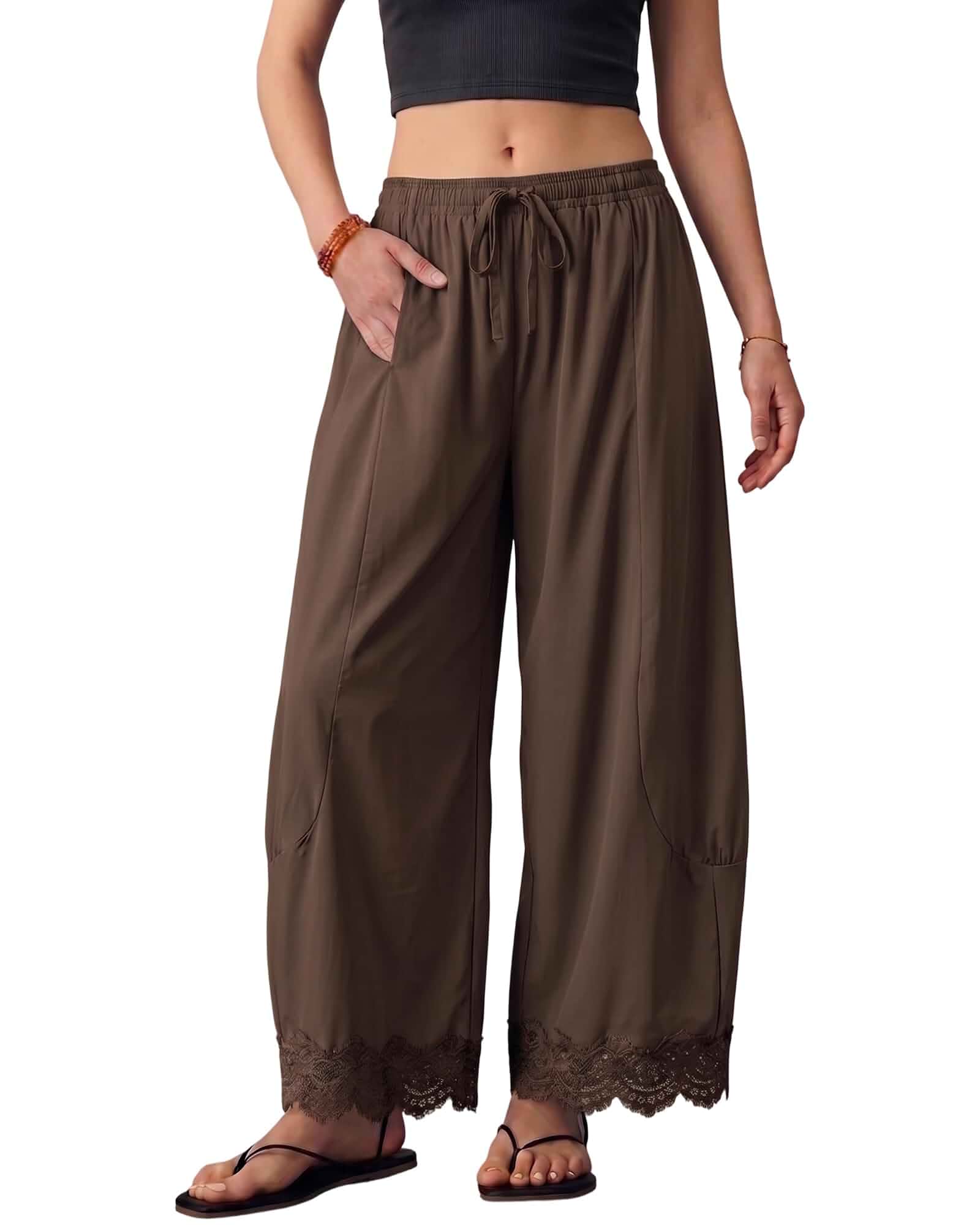 miswek Women's Summer Boho Wide Leg Palazzo Pants Casual 4-Way Stretch Flowy Drawstring Ankle Cropped Pants Lace-Hem