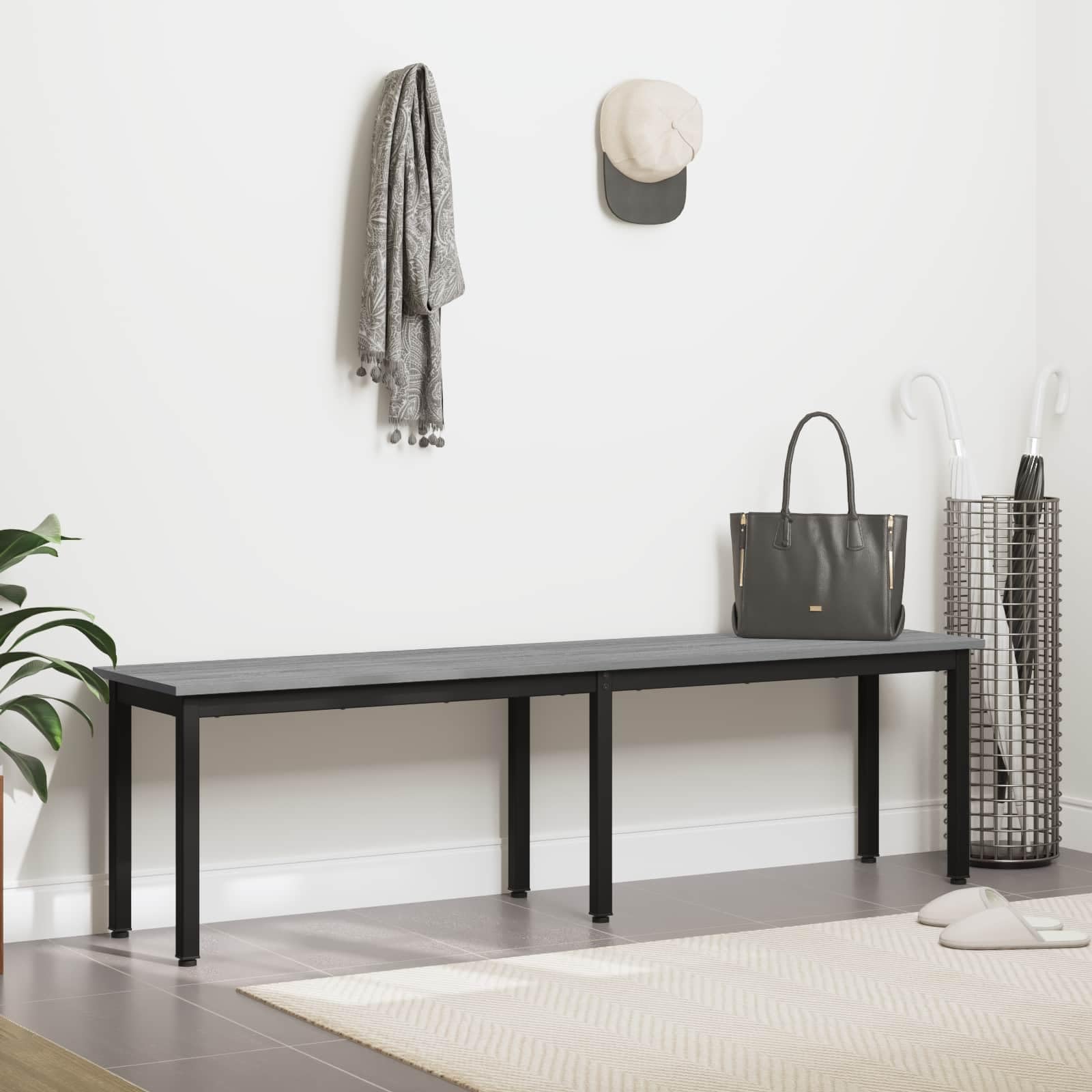 Ławka Sonoma szara płyta drewnopochodna, 160 x 35 x 45 cm, z metalowymi nogami, wytrzymała ławka do siedzenia do jadalni, salonu, korytarza, nowoczesne, prostokątne siedzisko bez tapicerki
