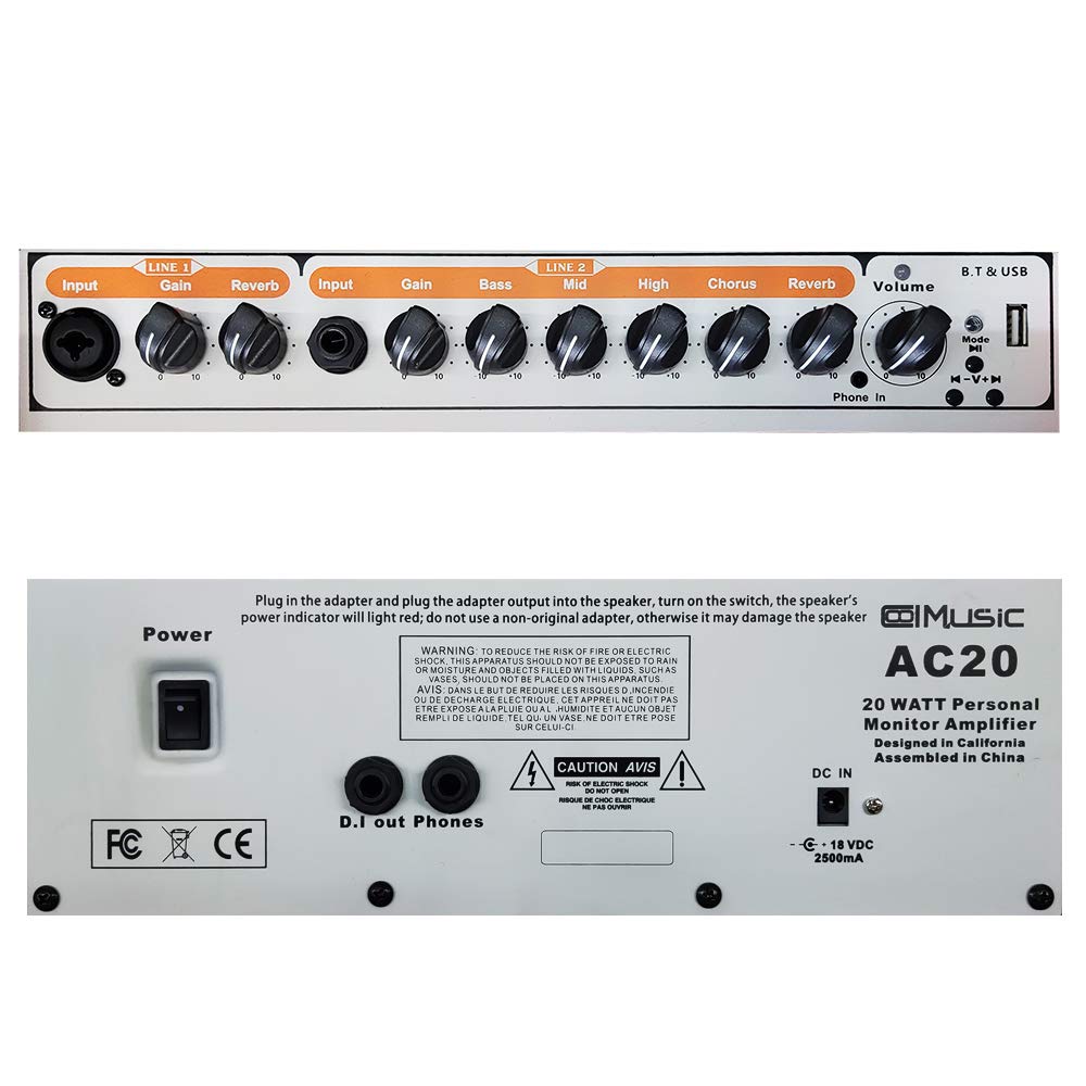 Coolmusic AC20 Amplificatore per chitarra acustica, amplificatore portatile da 20 W, per chitarra acustica con Bluetooth, 2 canali (AC20-1)