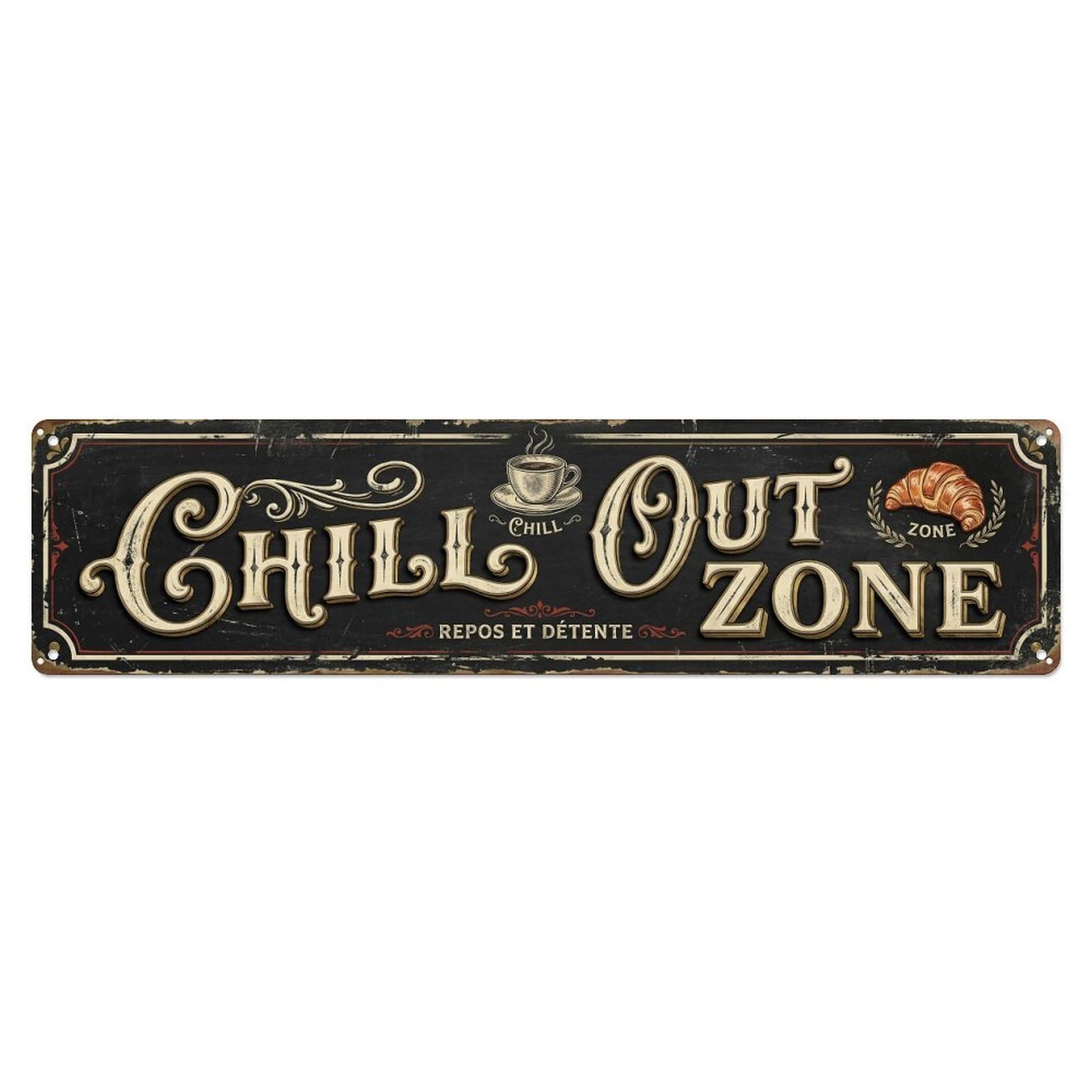 Chill Out Zone Faded Bistro 3 Metal Tin Skinny Sign Plaque Wall Decor for Cafe, Club Bar, Office, Home Garden Metal Poster 4x16Inch