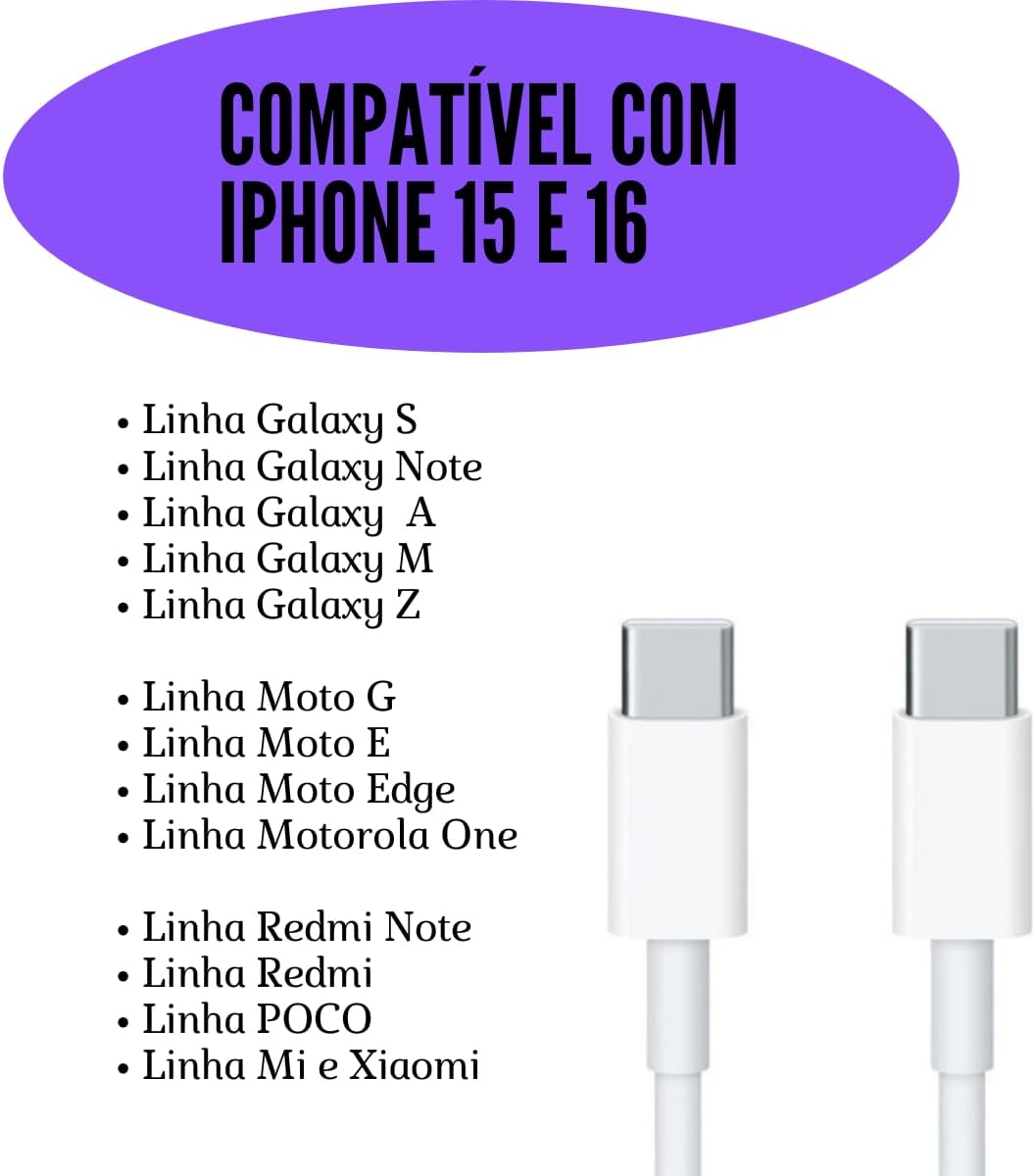 Cabo Tipo C - Tipo C Turbo 20W, Cabos USB-C, Carregamento Ultra Rapido, 1 Metro, Reforçado, Android e iPhone, Notebook, Smart Watch e Tablet, Qualidade Premium, Carregamento e Transferência de Dados