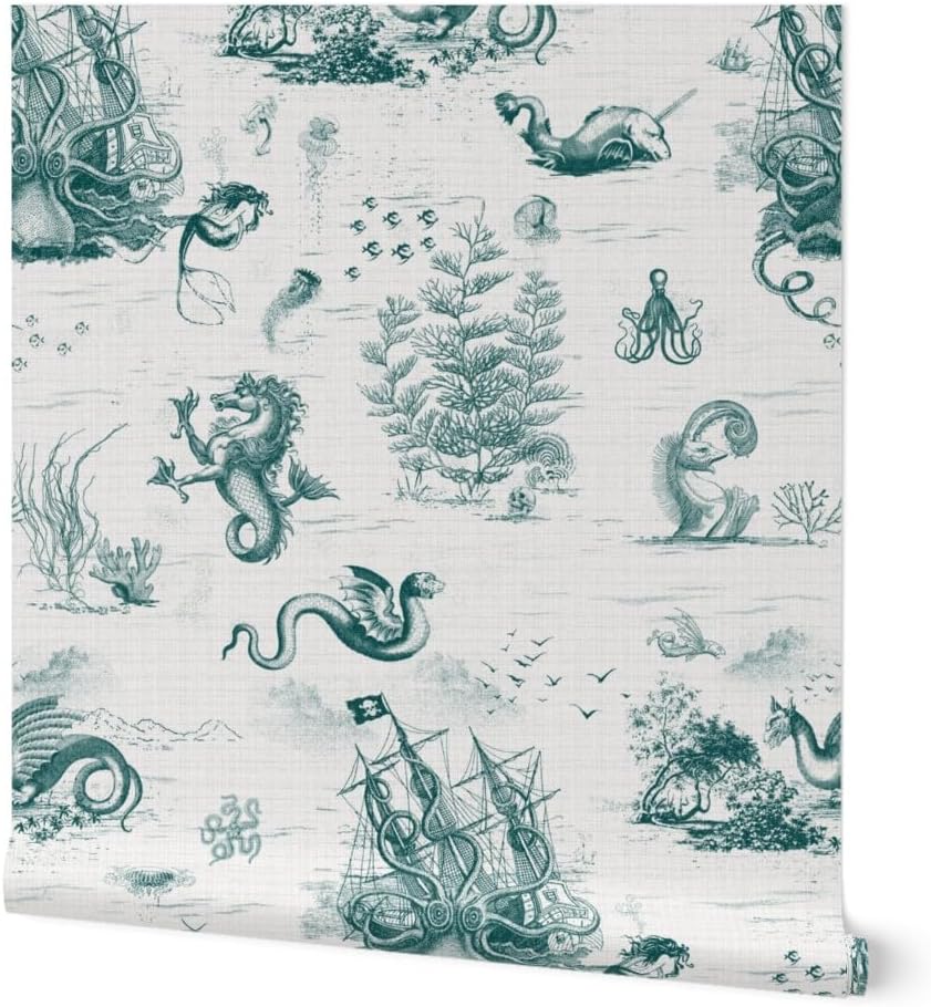Spoonflower Peel & Stick Wallpaper 3ft x 2ft - Octopus Toile Mythical Creatures De Jouy Teal Cream Kraken Pirate Ship Ocean Nautical Coral Mermaid Custom Removable Wallpaper