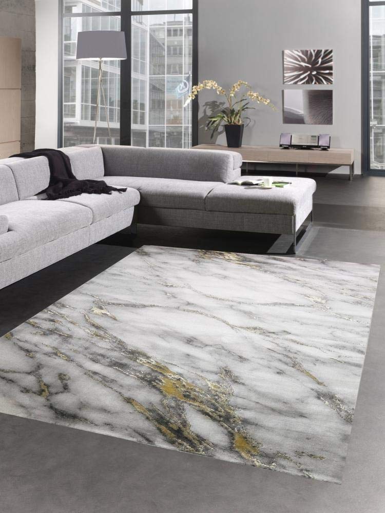 CARPETIA Teppich modern Wohnzimmerteppich Marmor Optik in Creme grau Gold Größe 160x230 cm