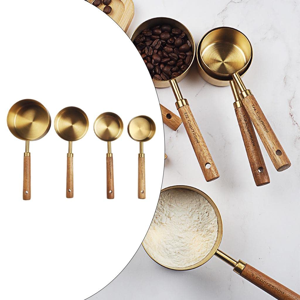 Sharplace 4 Piezas Tazas de Medir Acero Inoxidable Juego Cucharas Medidoras con Mango Madera Escala Precisa Utensilios para Cocina Apto para Hornear Cocinar Bar, tal como se describe, Taza medidora