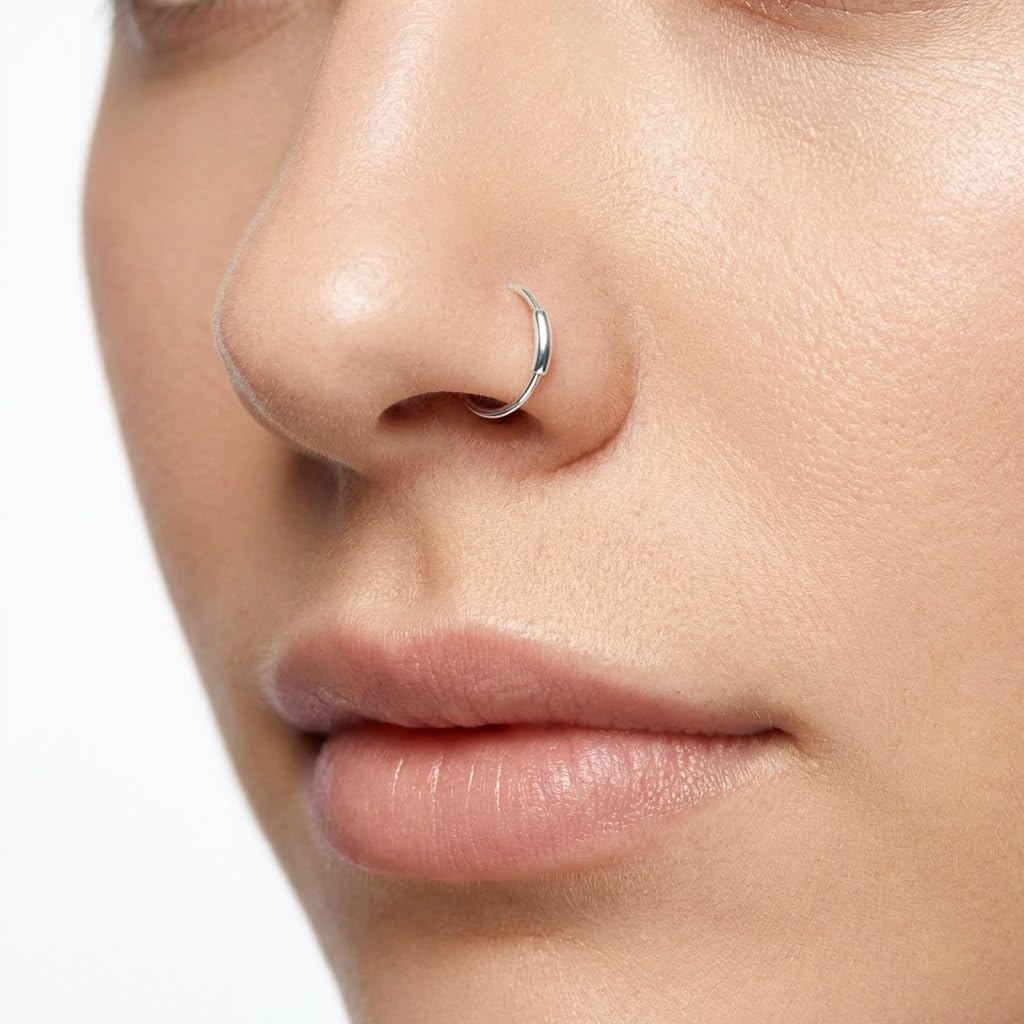 Set of 2 Sterling Silver Nose Rings 22G 8mm, Silver or Gold Plated Hoop Rings, Tube Closure Nose Hoop for Septum, Nostril, Helix, Tragus, Conch and Cartilage Piercing