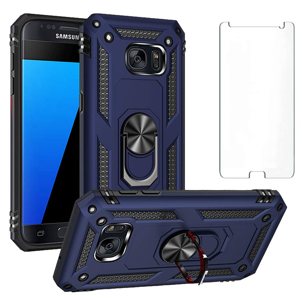 Phone Case for Samsung Galaxy S7 with Tempered Glass Screen Protector Stand Ring Holder Shockproof Silicone Heavy Duty Accessories Magnetic Metal Hard Kickstand galaxys7cases Cover cases Girls Blue
