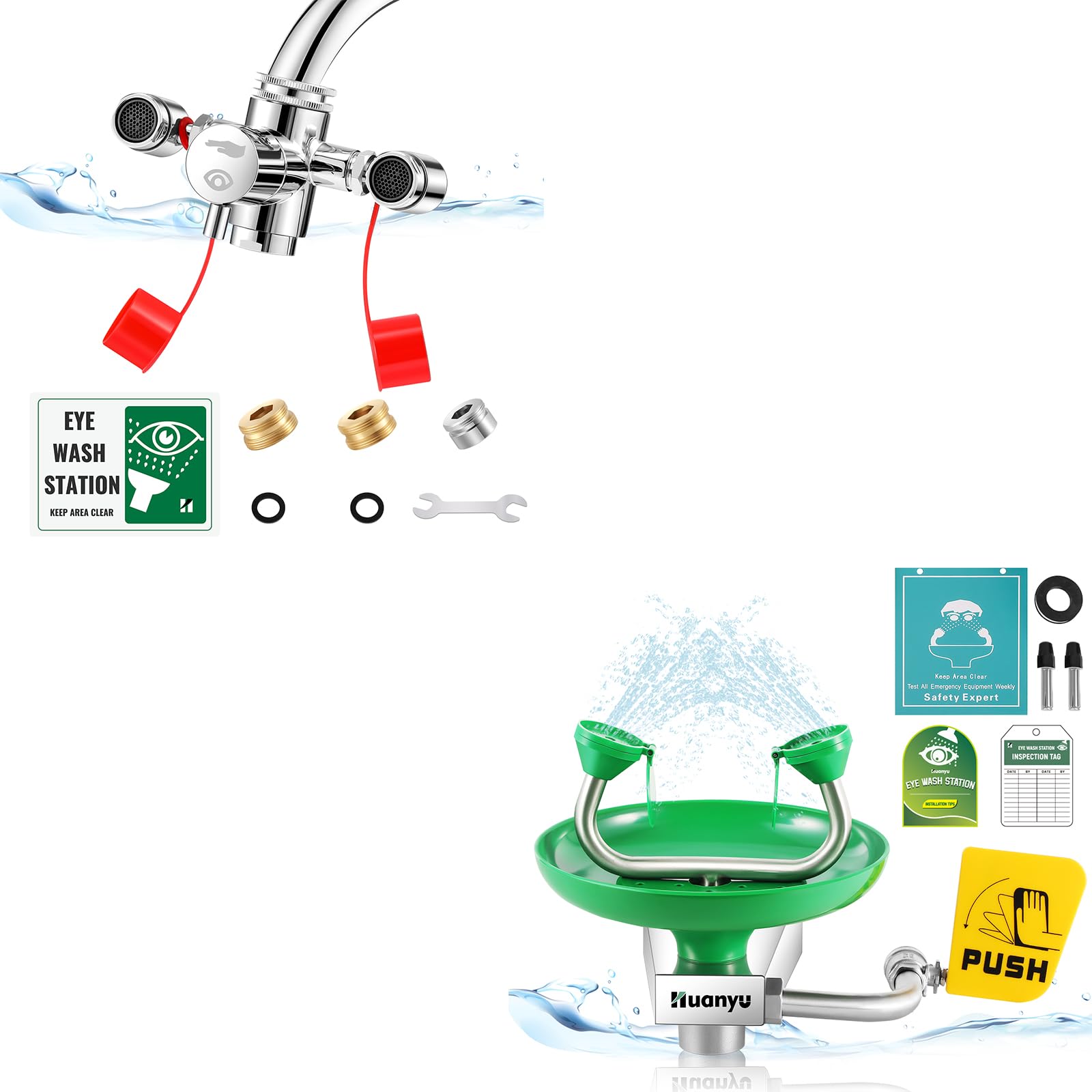 Huanyu Faucet Mounted Eye Wash Station (Style A*1) + Wall Mounted Eye Wash Station (1302 * 1)