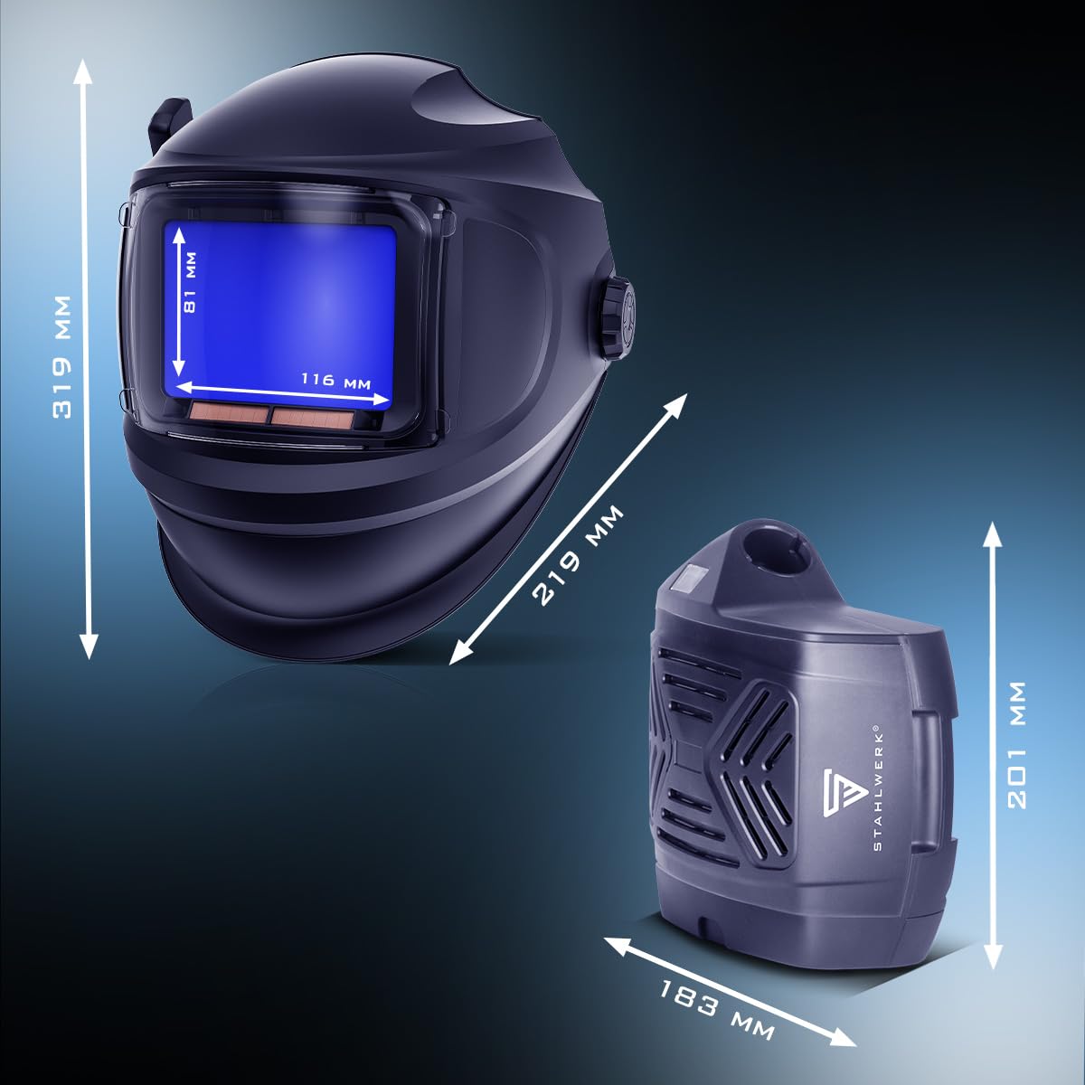 STAHLWERK Automatik-Schweißhelm 3-in-1 Master AIR – Schweißhelm mit Frischluftzufuhr, Funktionssteuerung per Bluetooth, True-Colour-Farbwiedergabe, Abdunkelung DIN 4 bis DIN 14, Optik-Klasse 1/1/1/1