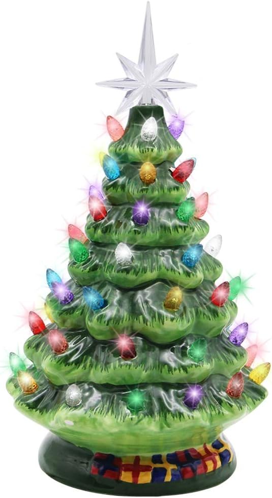 Blissun 10" Ceramic Christmas Tree, Tabletop Christmas Tree Lights Decorations with 54 Multicolored Lights and 7 Point Star Topper for Christmas Table Decorations