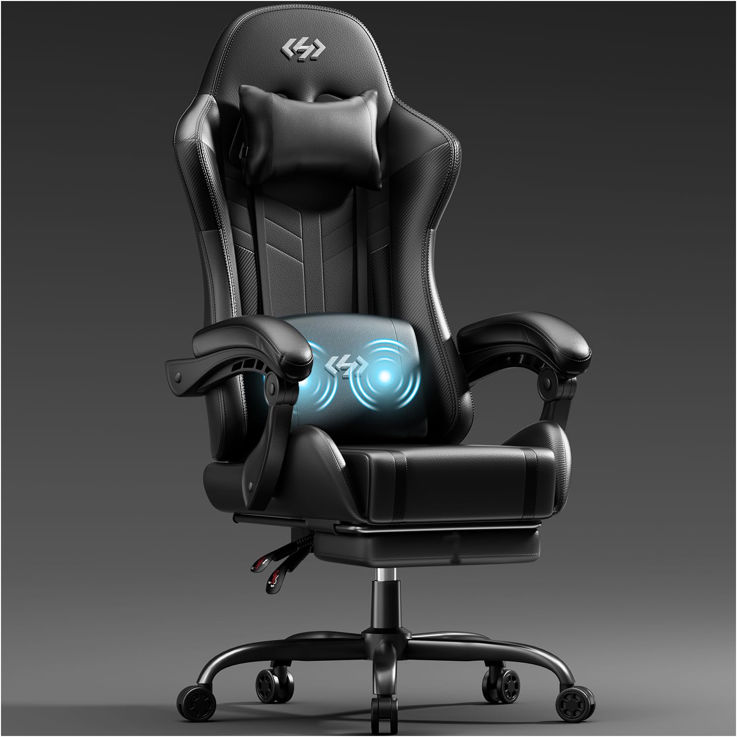HLFURNIEU Silla Gaming con Masajeador, Silla Gamer Ergonómica con Cojín Lumbar Masajeador y Reposapiés, Sillón Gamer Altura Ajustable, Cadeira Gaming Negro
