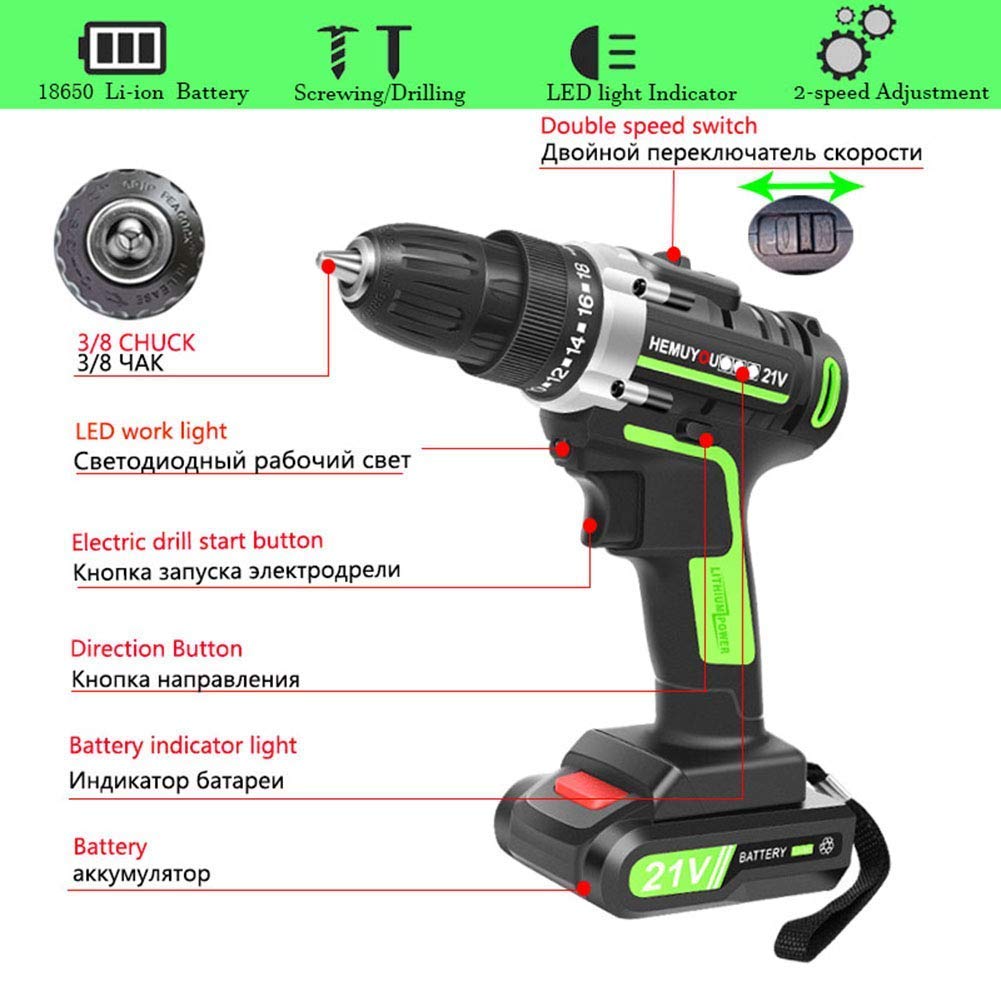 Trapano Avvitatore Trapano Combinato a ioni di Litio 21V-Max, cacciavite Elettrico, Faro da Lavoro a LED, Batteria a Cambio rapido e Caricabatterie Inclusi