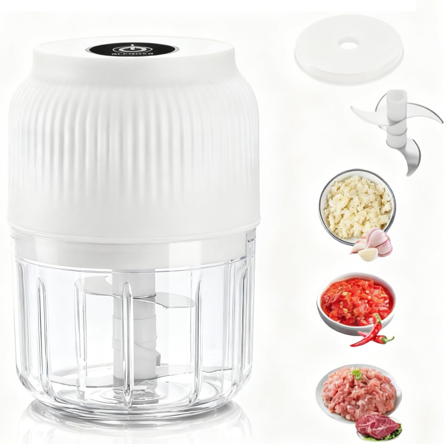 Household Electric Garlic Crusher and Chopper, 350ml Garlic Mincer Electric with Lid, 6 Blades Mini Food Shredder for Garlic, Onion, Ginger, Chili, Spices and Fruit (4 blades white)