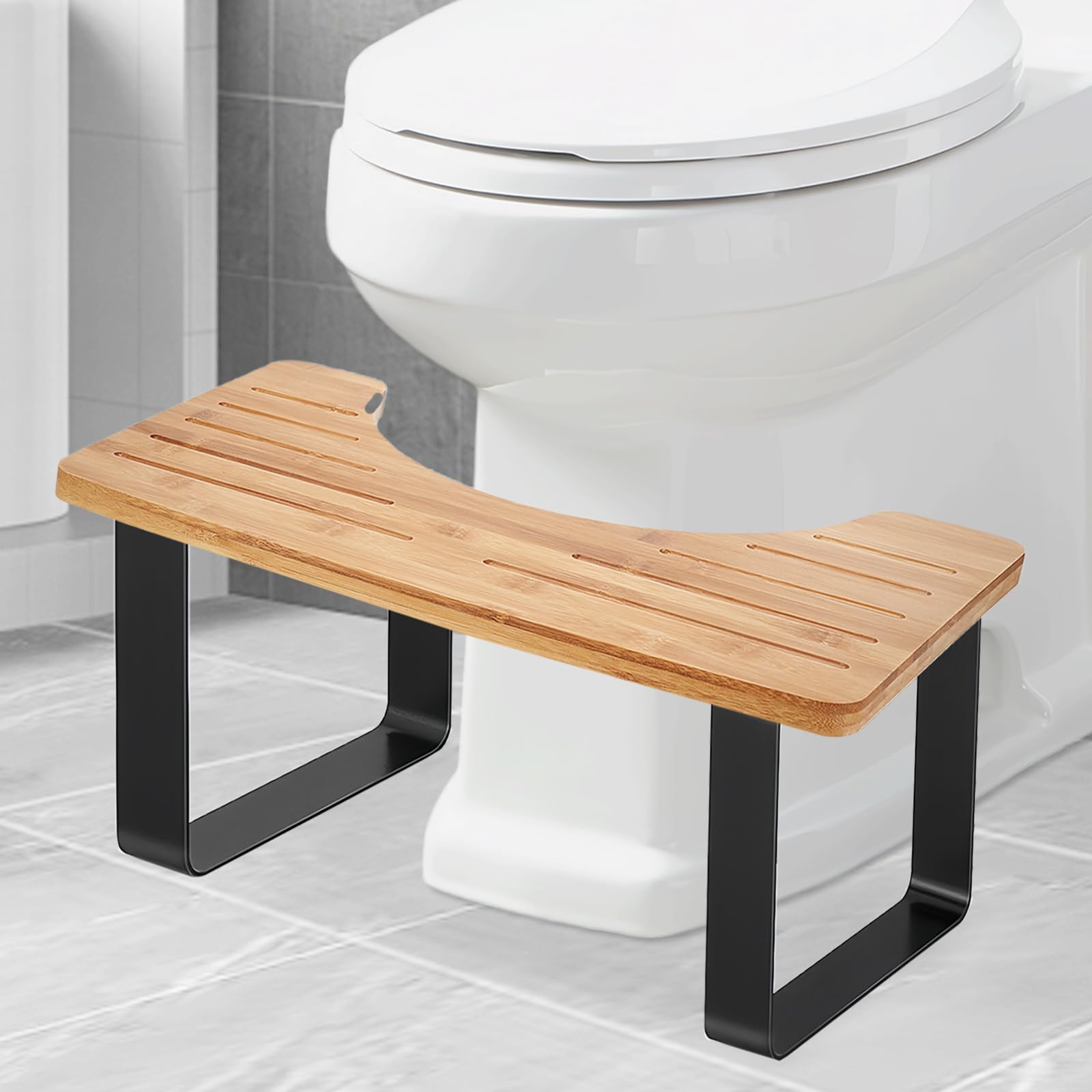 PORFOYO Sgabello WC per adulti, ergonomico, in bambù e antiscivolo, per seduta naturale, per bagno contro stitichezza ed emorroidi, per adulti e bambini