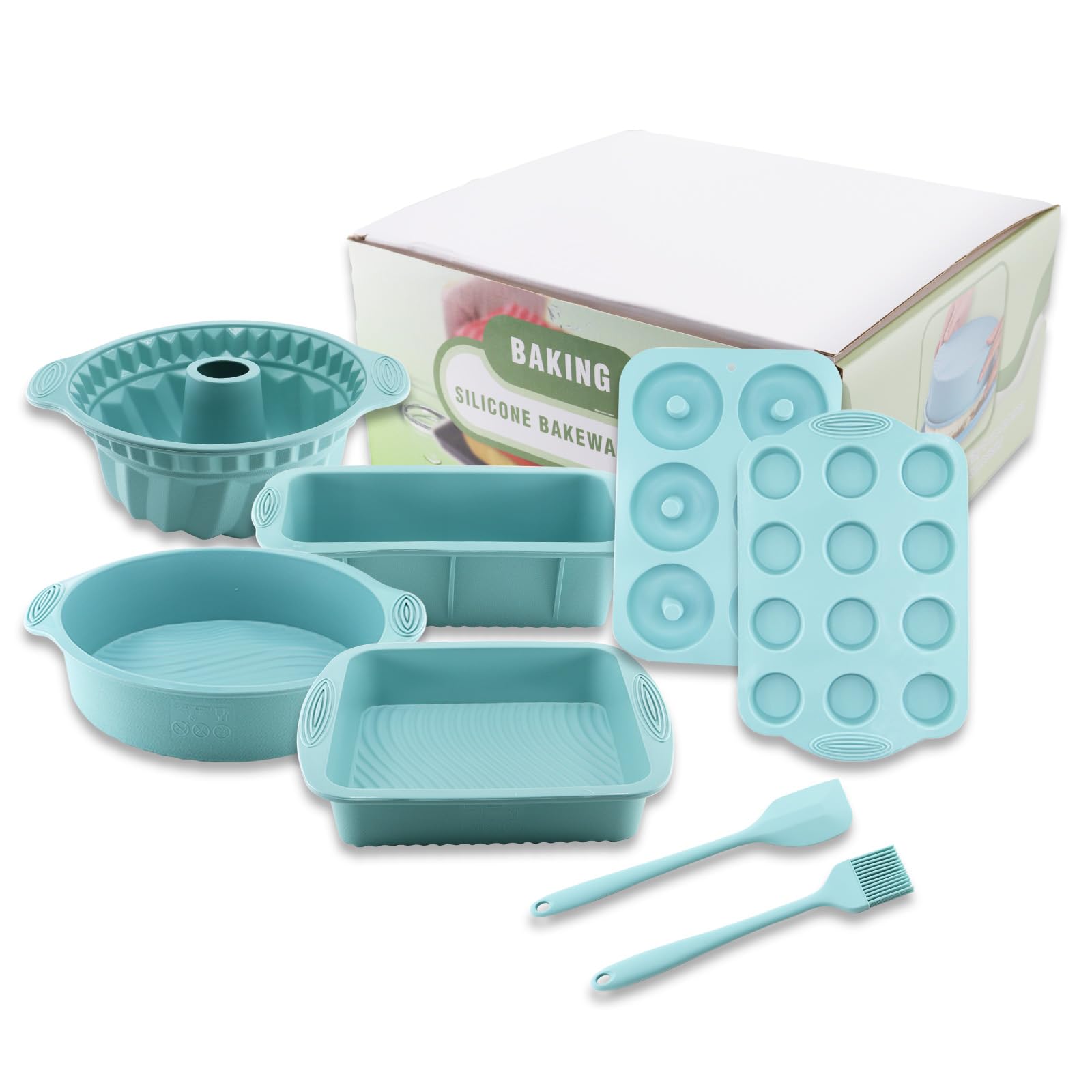 8 en 1 Moule Gâteau Silicone Antiadhésif, Moules à Muffins, Rectangulaire/Carré/Bundt Cake/Rond/Beignets Avec Grattoir à Pâte et Pinceau de Cuisson