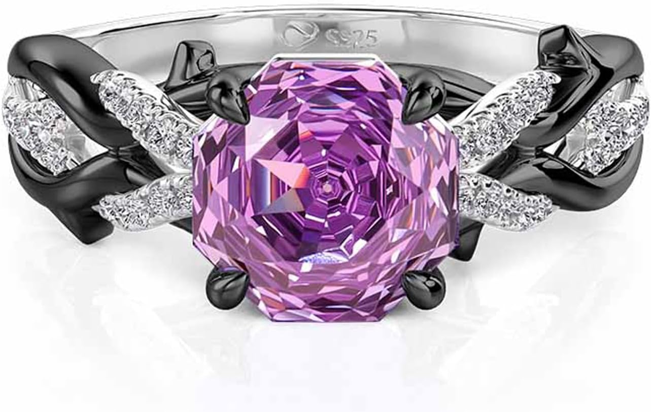 Jeulia Women's Three-Stone Purple Rose Ring, Sterling Silver Black Plated, Shakespeare Inspired Midsummer Night Love-in-idleness Ring, Romantic Gift for Her