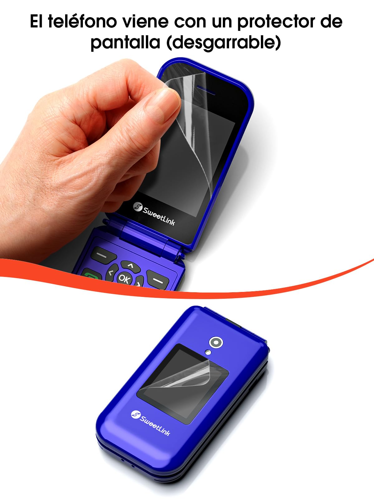 SweetLink F4 Plus 4G - Teléfono Móvil para Personas Mayores con Tapa, Teclas Grandes y Pantalla de 2,8”, Batería 1400mAh, Botón SOS, Contacto con Foto, Base de Carga USB-C, Doble Nano SIM, Azul