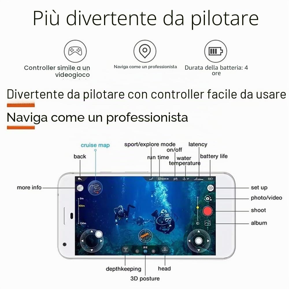 Drone Subacqueo 4k Uhd, Robot Subacqueo Telecomandato (Rov), LED Da 6000 Lumen, Velocità 2 M/S, Autonomia Della Batteria Di 4 Ore, Controller Bluetooth 150m