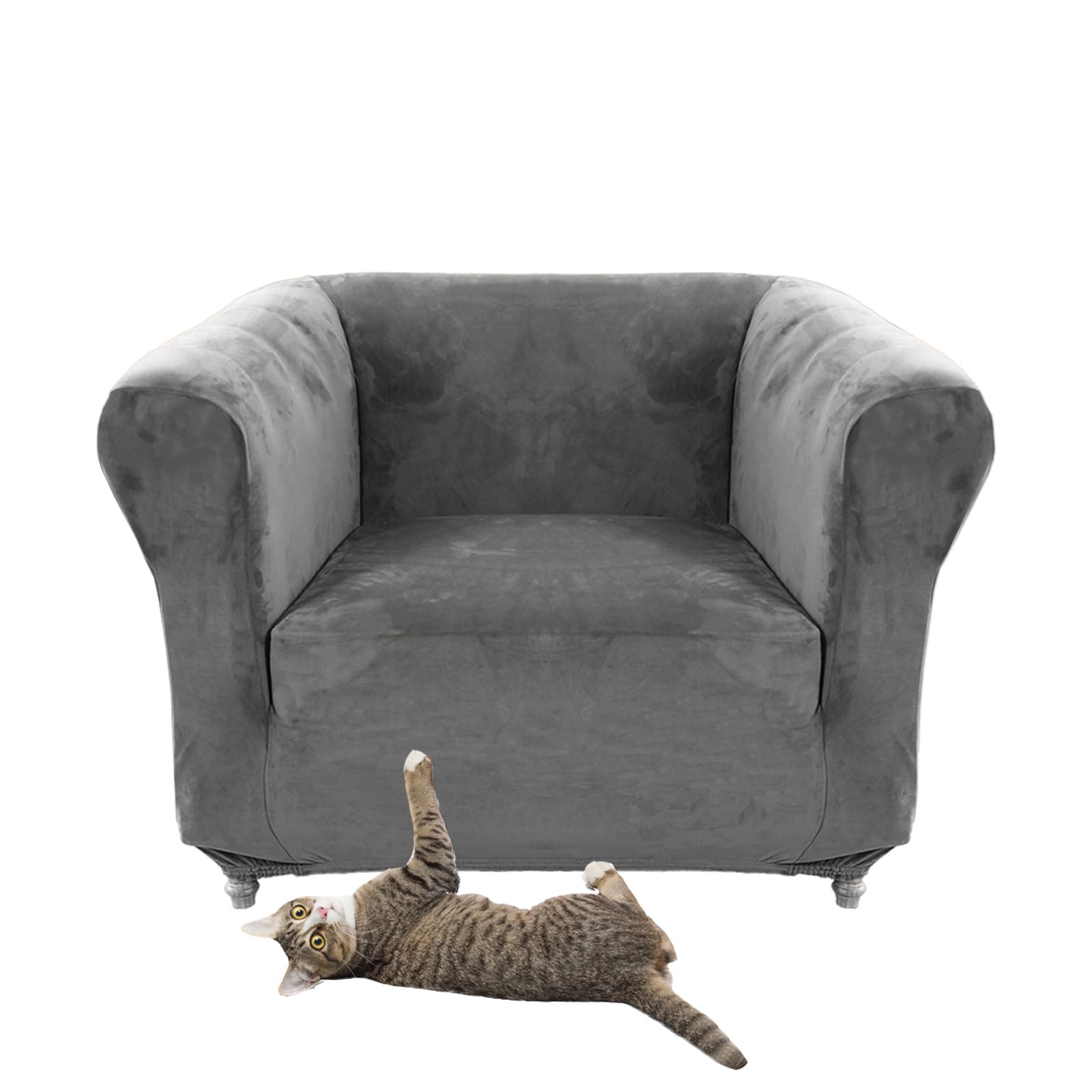 Stretch Velvet Chesterfield Sofa Cover Couch Cover with Seat Cushion Curved Chaise Armchair Vintage Style (Grey Chair)