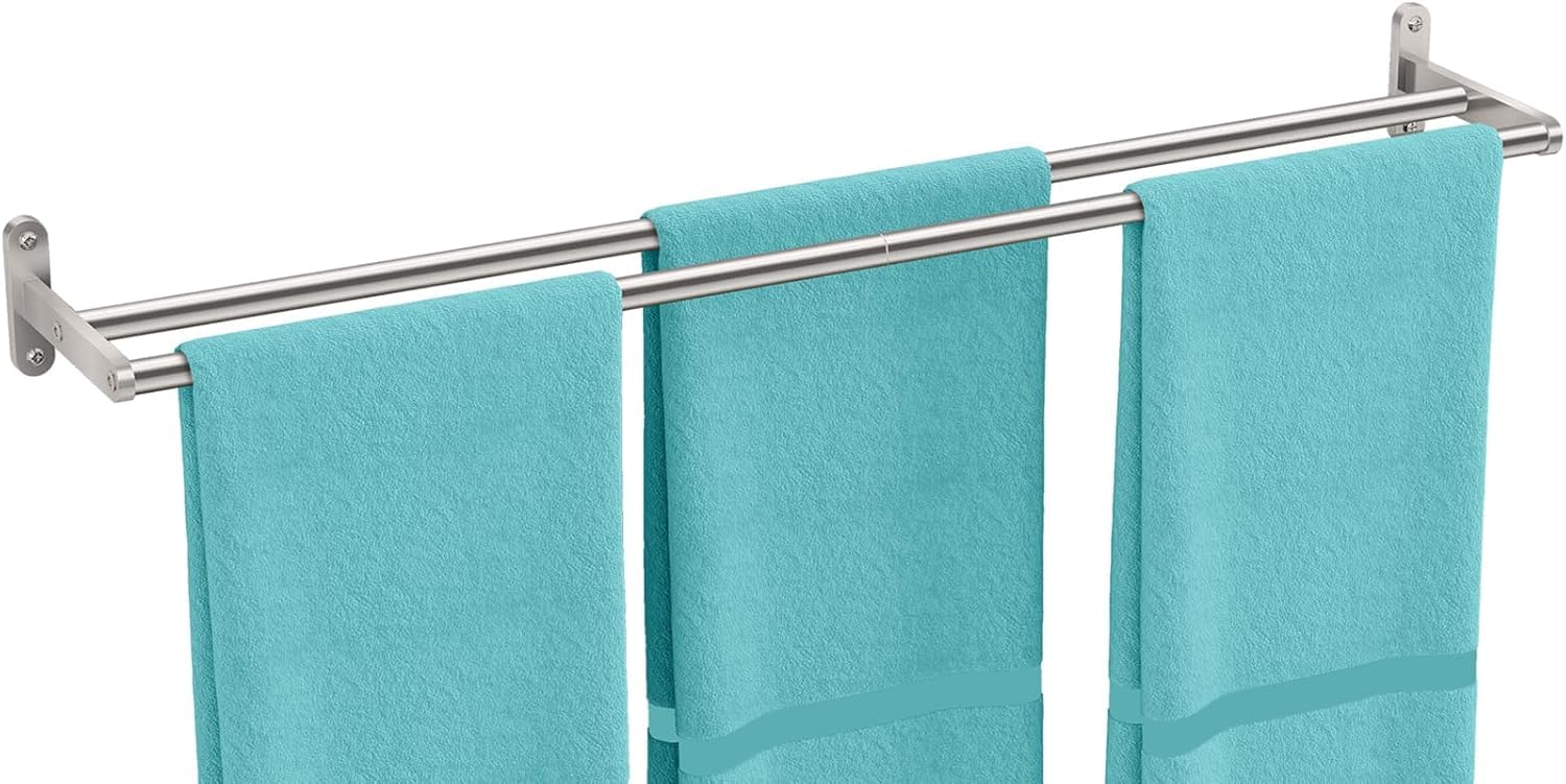 YUMORE Double Towel Rail Wall Mounted 80CM Bathroom Towels Holder Stainless Steel Dual Rod Long Bath Sheet Bar Rack for Bathroom Toilet Brushed