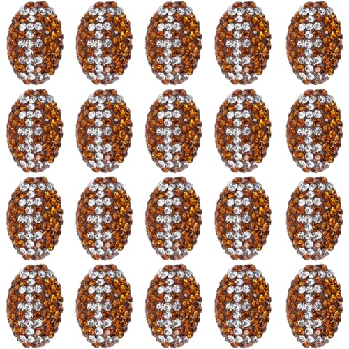 SUNNYCLUE 1 Box 20Pcs Football Beads Sports Bead Polymer Clay Brown Oval Softball Rhinestone Ball Game Loose Spacer Footballs Rugby Bead for Jewelry Keychains Bags Bracelet Necklace Making Adult