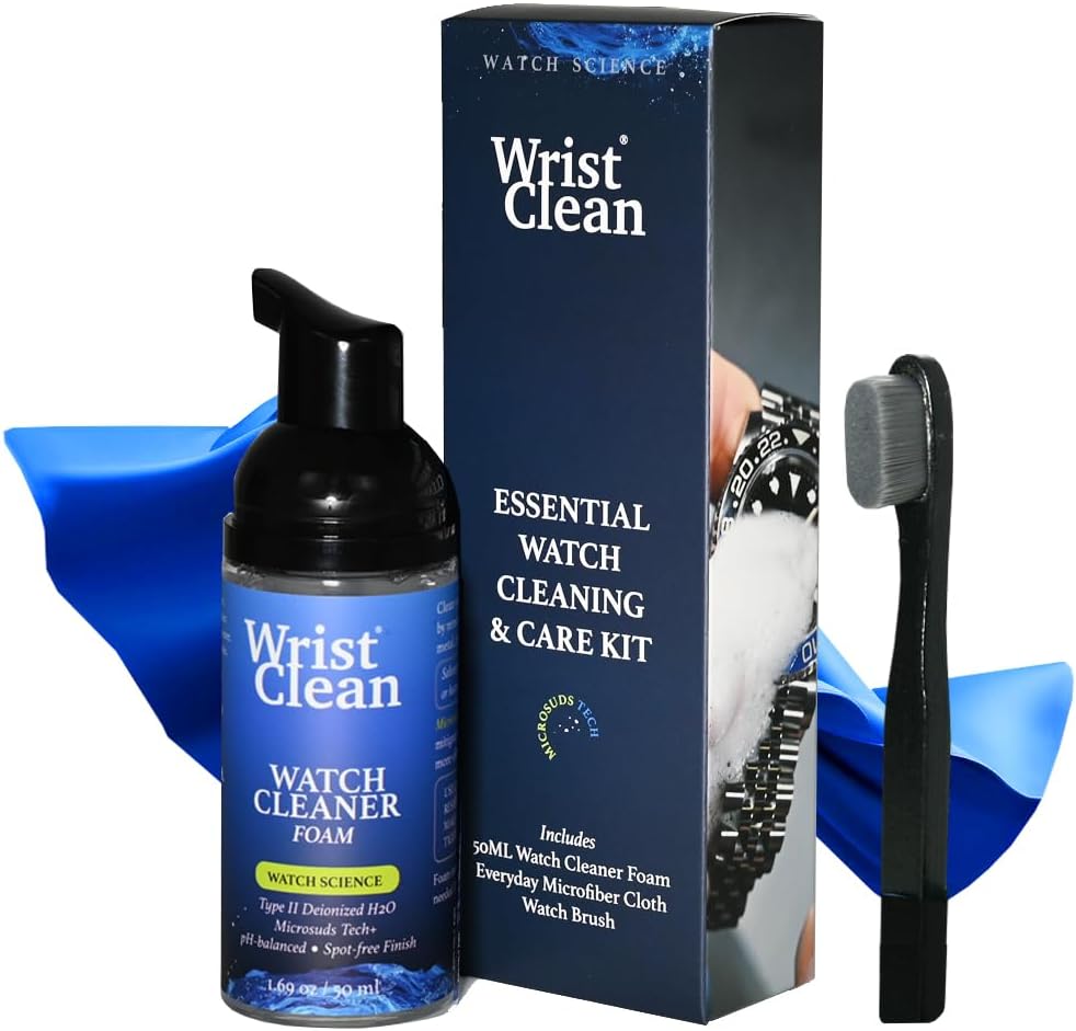 Essential Watch Cleaning Kit | Safe on all Metals & Crystals | (1x) Watch Cleaner Foam 50ML, (1x) Everyday Watch & Jewelry Cleaning Cloth 10"x10", (1x) Watch Cleaning Brush | USA Made (3 piece set)