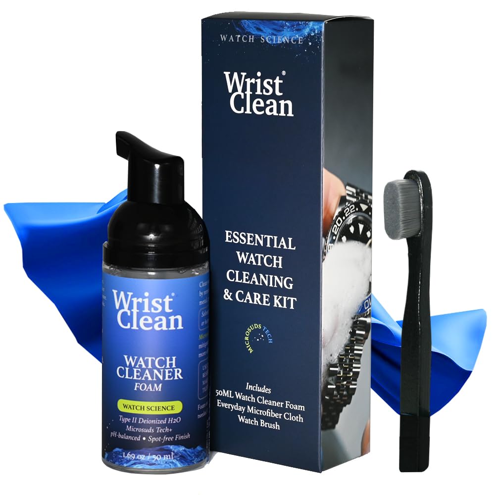 Essential Watch Cleaning Kit | Safe on all Metals & Crystals | (1x) Watch Cleaner Foam 50ML, (1x) Everyday Watch & Jewelry Cleaning Cloth 10"x10", (1x) Watch Cleaning Brush | USA Made (3 piece set)
