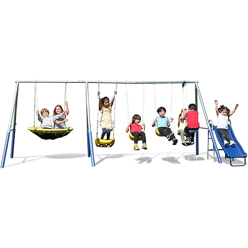 Sportspower 'Swing and Play' Galvanized Metal Swing Set(6 Year Warranty): 2 Swings+Standing, 2 Kid Roman Glider+Saucer, 5' Wavy Slide, EXCEEDS ASTM Safety Standards*4pc Anchor Kit*