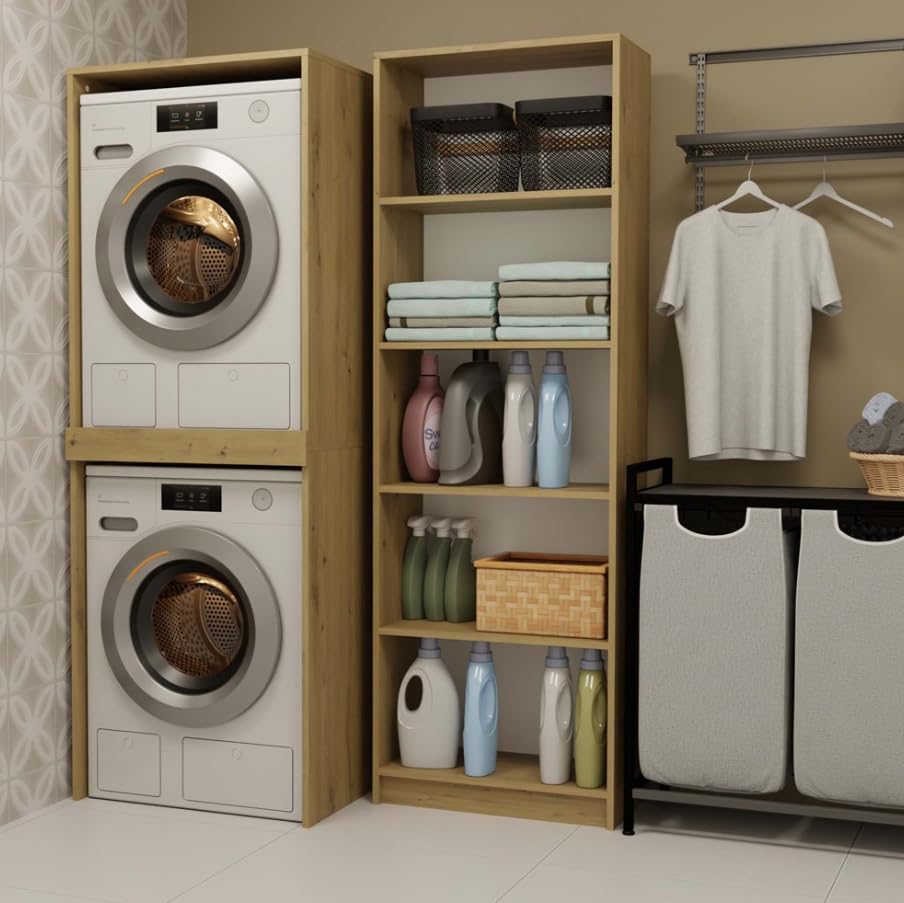 BDW Waschmaschinenschrank für Waschmaschine & Wäschetrockner Pola Twin, 180x64x64 cm, Badezimmerschrank Hoch, Badezimmer Möbel, Trockner, Eiche Artisan