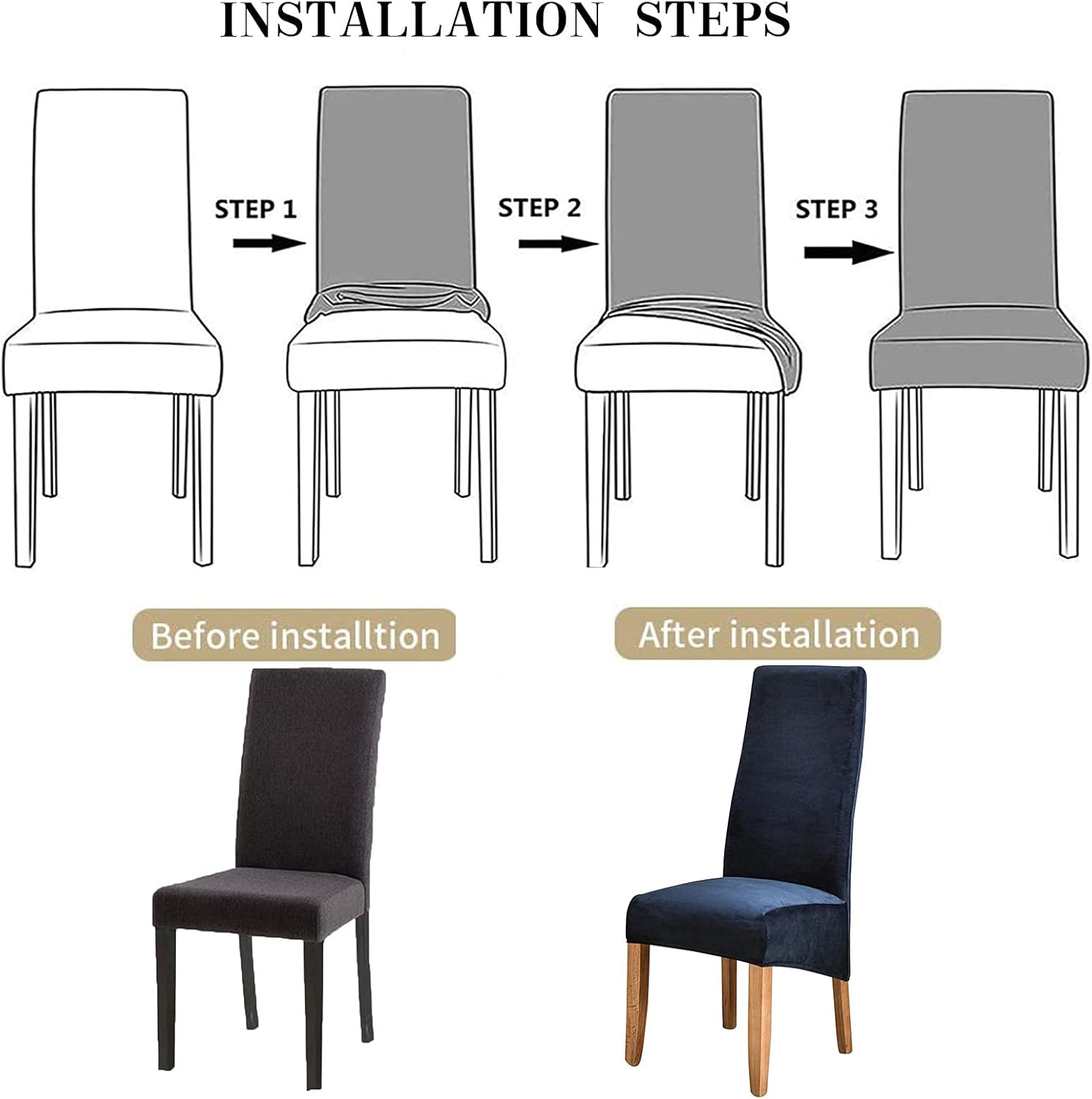 Velvet Chair Covers, Stretch Washable Removable Seat Covers Large Chair Protector Slipcover for Dining Room Banquet Hotel (Navy,Set of 2)