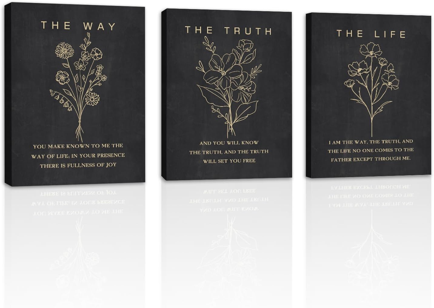 KAIRNE Framed Boho Floral Christian Bible Verse Canvas Wall Art Set,12”*16”Inch The Way The Truth The Life Scriptures Poster Black Minimalist Botanical Flower Bible Wall Decor for Living Room Bedroom