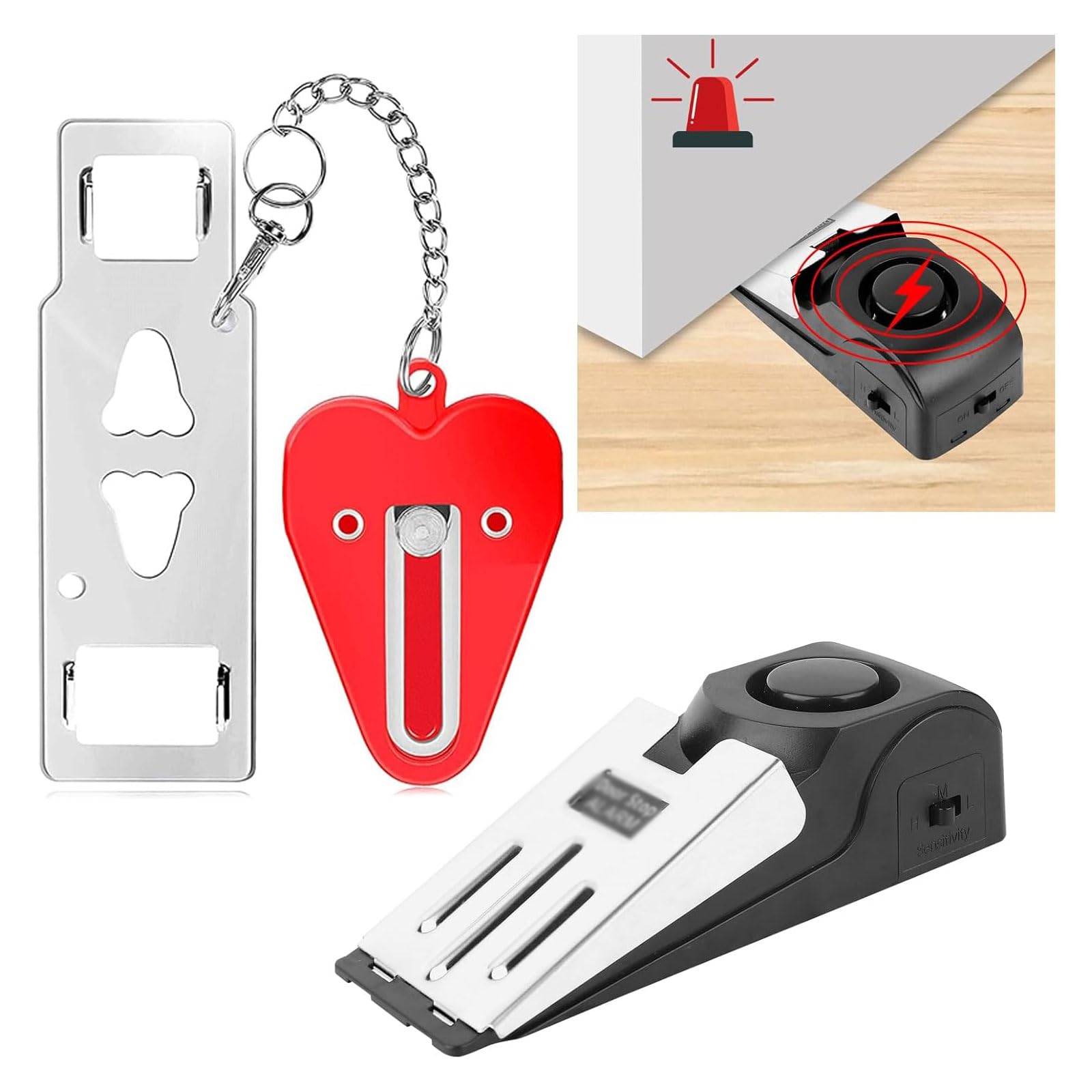 LUCKNIGHT 3 Pieces Door Stop Alarm with 2 Pieces Portable Door Lock, Non-Slip Wedge Door Stopper with 120dB