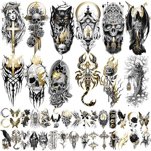 42 Sheets Metallic Gothic Temporary Tattoo for Women Men, 12 Half Arm Golden Skull Cat Floral Fake Tattoos, 30 Black Glitter Rose Butterfly Spider Halloween Tiny Adult Kid Body Tattoos Stickers