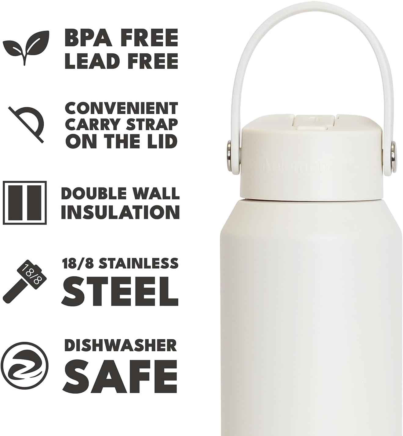 Elemental 40oz Insulated Water Bottle with Straw - 100% Leak-Proof Stainless Steel Core Water Bottles for Travel, Sports and Gym - Double Wall Insulation & BPA Free - White