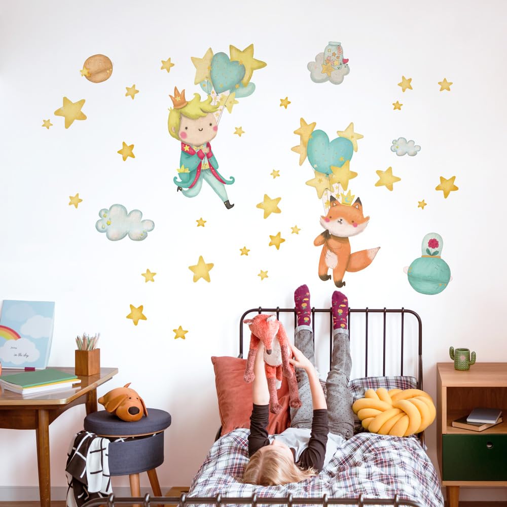 kina - Adesivo Murale Bambini Decorazione Parete Cameretta R00551 - Eco-Tessuto, Ecologico Anallergico, Riposizionabile, Effetto Carezza, Asilo Nido - Grafica Piccolo Principe e Misura 120x30 cm