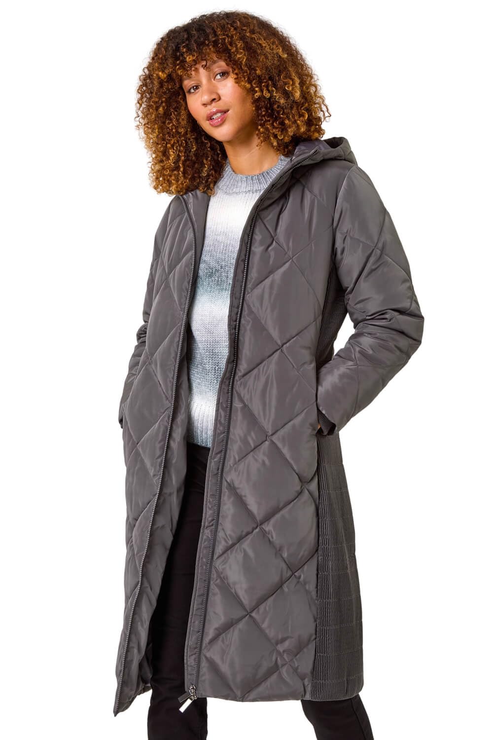 Roman Women's Charcoal Longline Diamond Quilt Hooded Coat Size 20