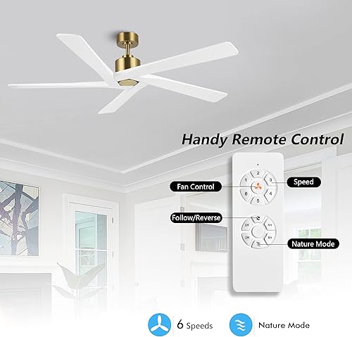 Miniatura 2 de WINGBO Ventilador de techo CC de 54 pulgadas sin luces, 5 cuchillas reversibles de madera maciza tallada, motor de CC silencioso de 6 velocidades,