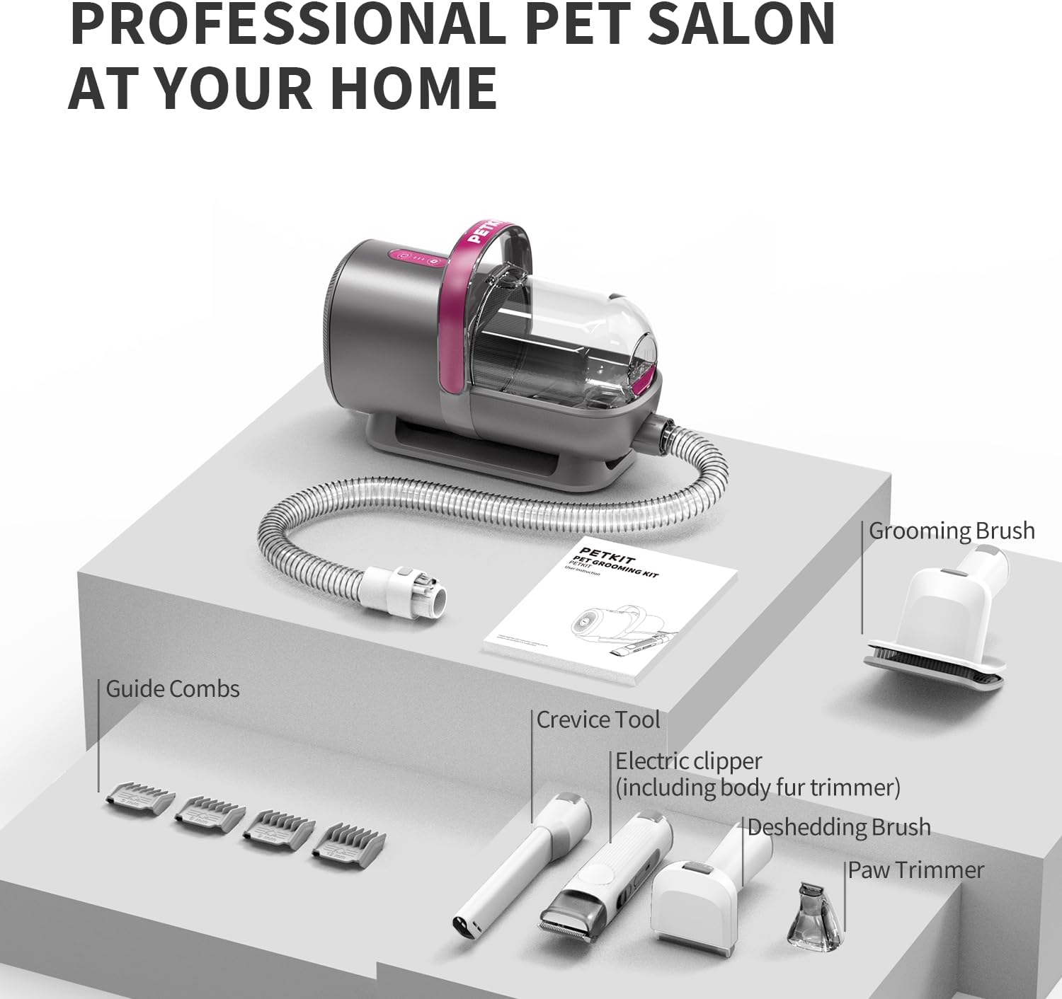 PETKIT Pet Grooming Kit components laid out on a white surface with labels.