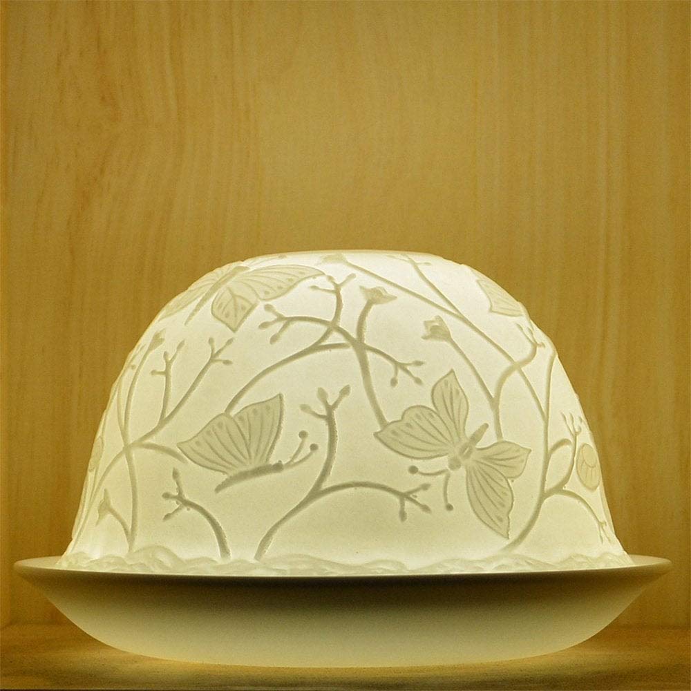 Nordic Lights Butterflies Porcelain Tealight Holder Dome | Candle Holder Projecting a 3D Image Use With Scented Candle, LED Light | Perfect Room Decor Lights | Shade & Plate Set with Gift Box