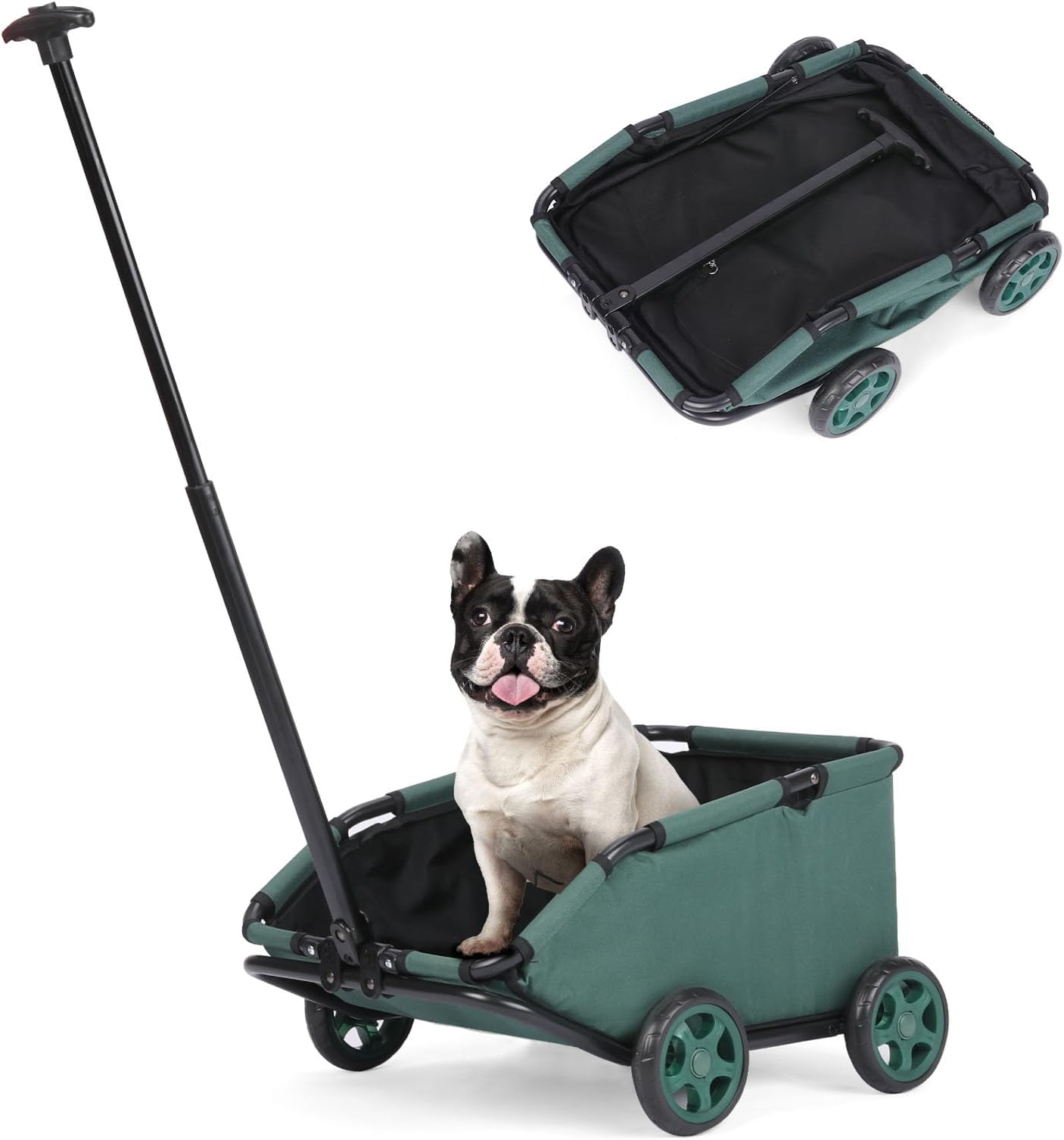 Mini Dog Strollers for Mini Pets, Foldable Multifunctional Shopping Carts with Extendable Pull Handle, Doggie Wagon Built-in Cushion and Safety Rope with Storage Bag (Dark Green)