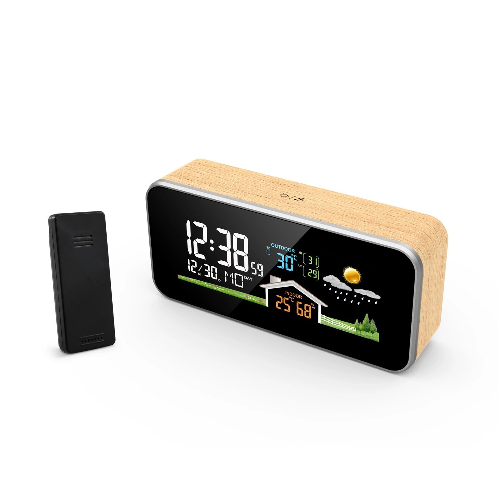 Stacja pogodowa, Bezprzewodowa stacja pogodowa Drewniany budzik Cyfrowy termometr Wilgotność Temperatura Bezprzewodowy czujnik Home TimeWatch Desktop #30(A)