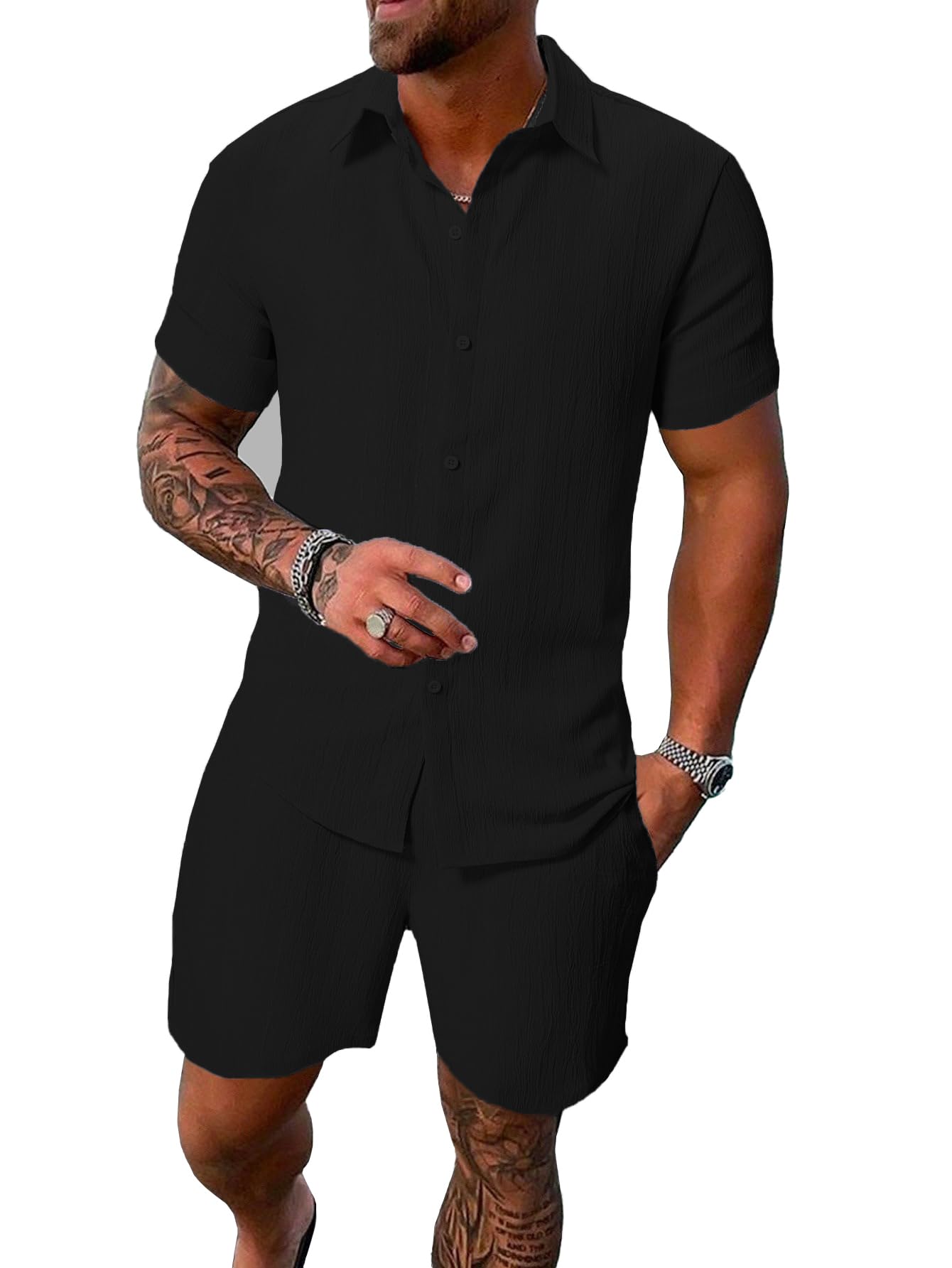 tagdo Men's 2-Piece Summer Outfit - Short-Sleeve Shirt and Matching Shorts (Shorts-Pair-2034)-picture-35