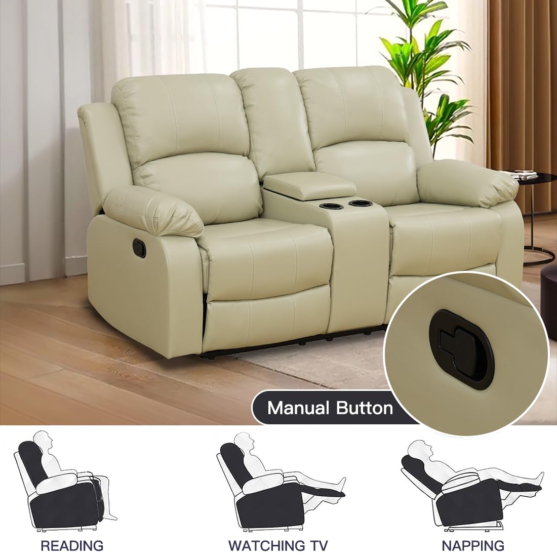 Toseslo Manual Recliner Loveseat Set, Living Room Furniture Sets, 2 Seater Modern Reclining Couches, Beige Leather Reclining Couch Sets with Storage Console/Cup Holder for Living Room/Apartment view 5