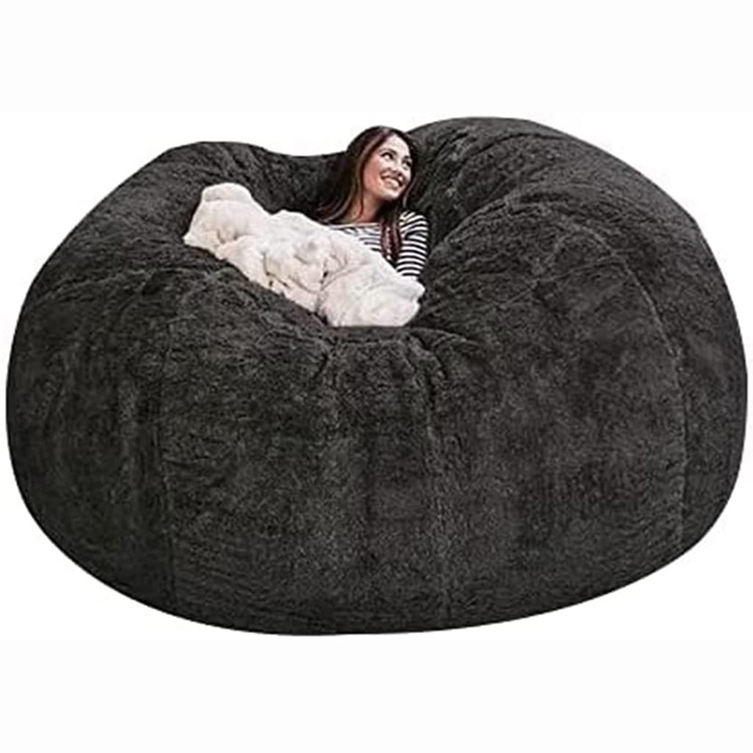 SHANGRONG Big Round Bean bag Chair Cover, (No Filler) Soft Fluffy Faux Fur Bean Bag Chairs, Portable living room furniture Sofas Lazy Sofa Bed Cover (Color : Black, Size : 8ft)