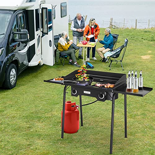 ROVSUN 2 Burner Gas Stove with Side Shelves, 150,000 BTU Portable Propane Stove with Removable Legs, Wind Panels & Regulator for Camping Home Backyard Cooking Brewing Canning Turkey Frying