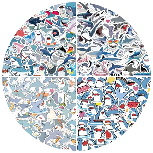Shark Stickers for Water Bottle Laptop Scrapbook 200 Pcs Vinyl Decals of Shark Emoji Great White Shark Hammerhead Cute Cartoon Shark Sticker Pack for Kids Adults Underwater Ocean Theme Decor