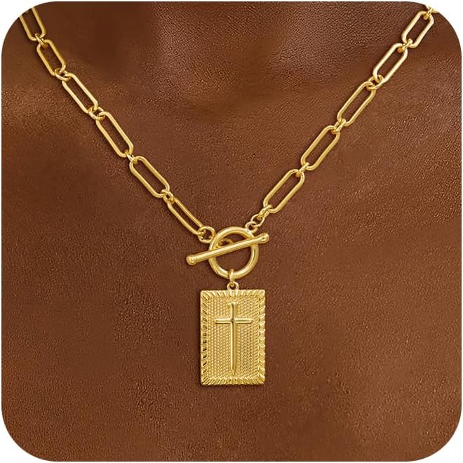 Cross Pendant Necklaces for Women Trendy, Dainty 14k Gold/Silver/Rose Gold Plated Paperclip Necklace for Womens Toggle Clasp Necklace Chunky Necklace Gold Jewelry for Women Gifts