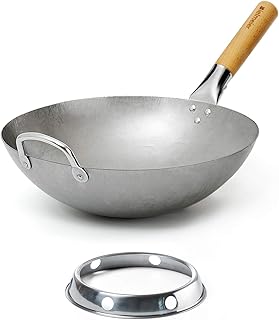 Bielmeier Traditional Hand Hammered Carbon Steel Pow Wok with Wok Ring (14 Inch, Round Bottom)