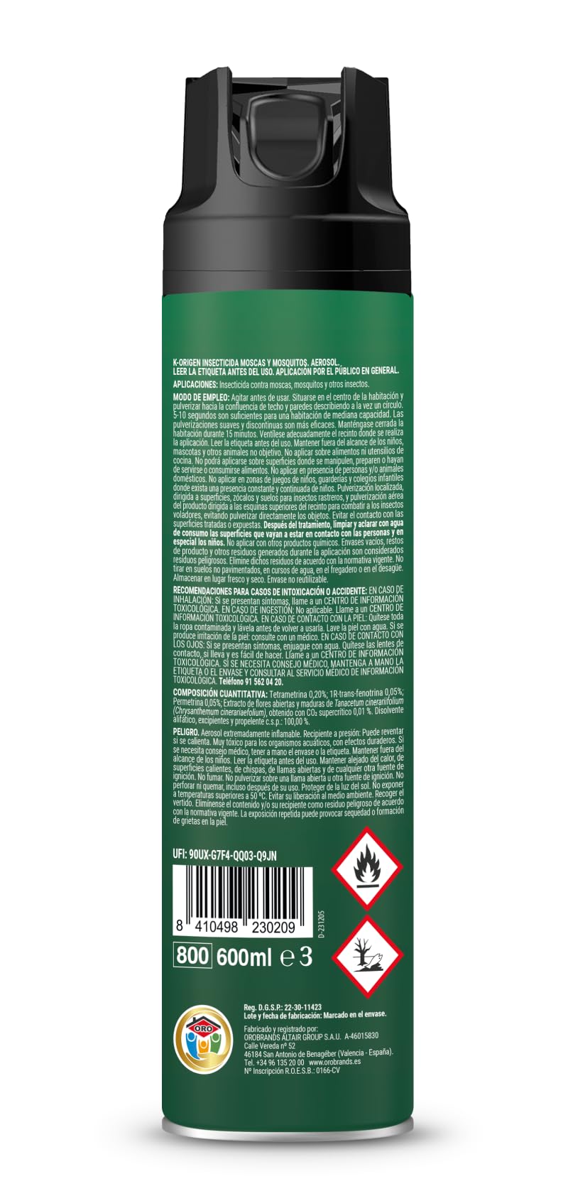 K-ORIGEN - Insecticida Volador Spray | Protección Natural y Eficaz | Contra Moscas y Mosquitos | Aerosol de 600 ml