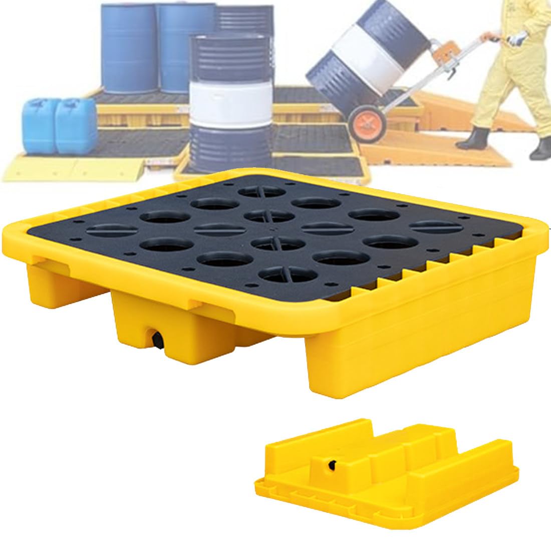 QUSYZD Large Spill Containment Platform - Leakproof Anti-Slip Plastic Tray for Industrial Use, Detachable Design, Holds 1/2/4 Drums - Heavy Duty Safety Solution,72 * 72 * 16cm