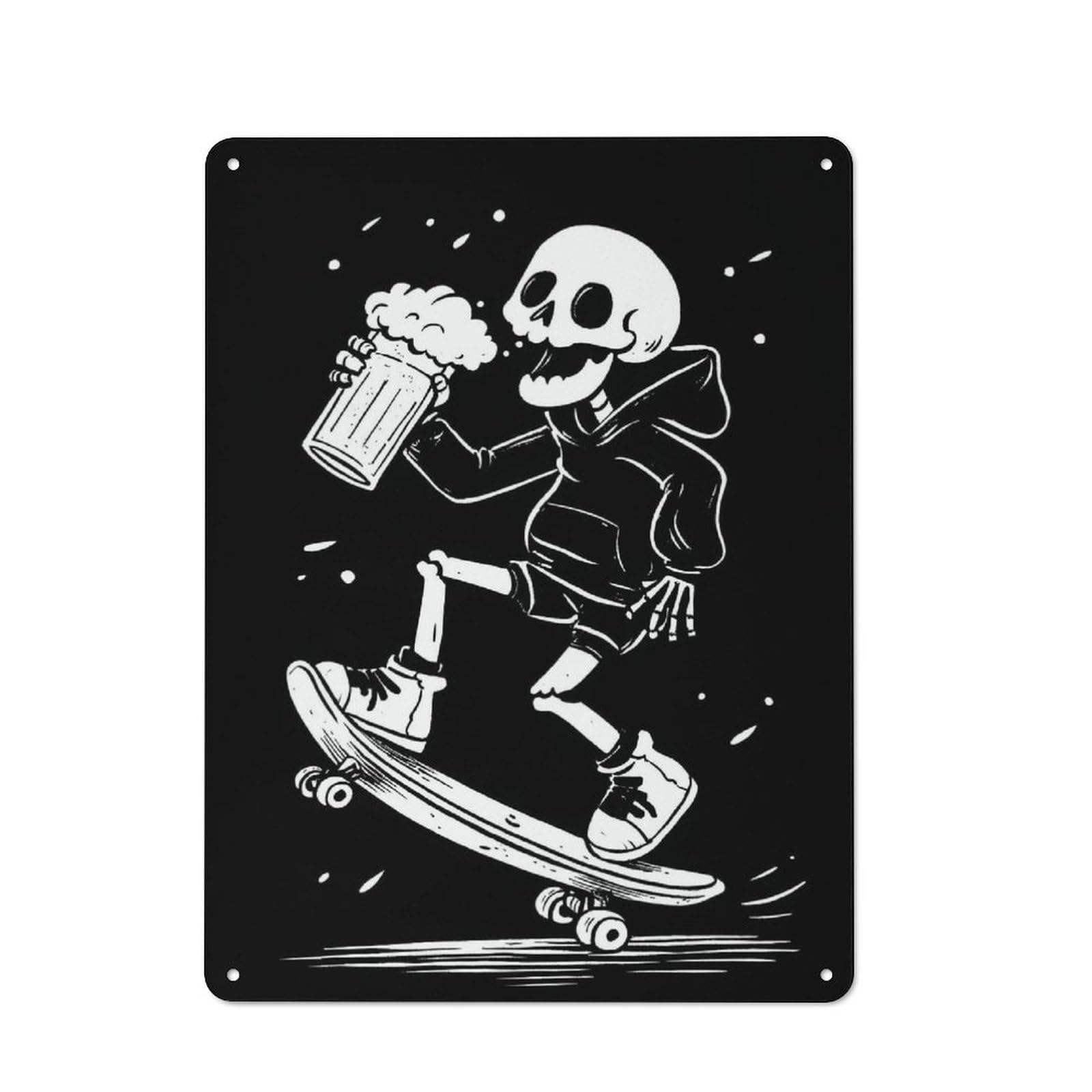 Junmoney Style-22 Country Metal Sign With Skeleton Skateboarder With Beer Design 40X30cm, Farmhouse Farmhouse Wall Decor For Kitchen, Cottage, Porch Or Garden Room